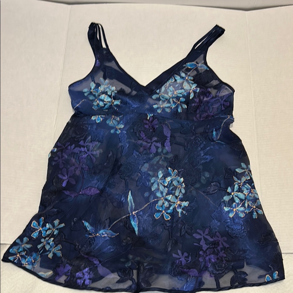 Vintage Angelique Sz Medium Floral Sheer Navy Blue Babydoll Gown